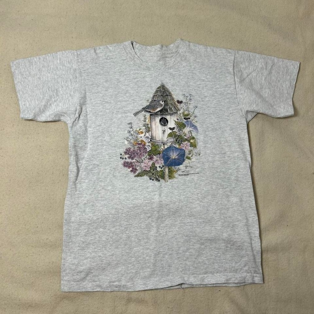 Vintage 90s Y2K Carolyn Shores‎ Wright medium Floral Birds Tee White T Shirt